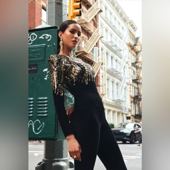 Nadine Merabi Katarina Black Gold Sequin Jumpsuit S/M NWT $545 - Picture 7 of 13